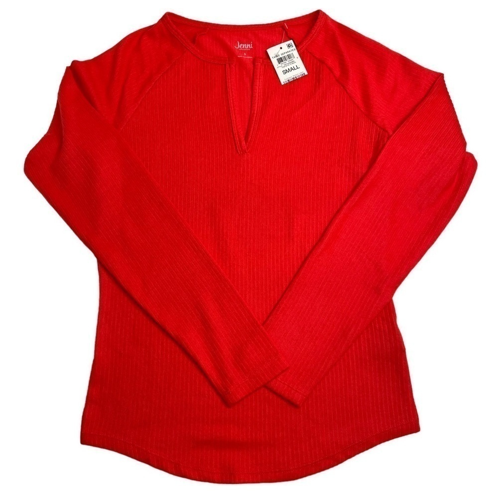Jenni Split Neck Ribbed Pajama Top Bundle Papaya Punch Red June Bug Green Small - Picture 3 of 11